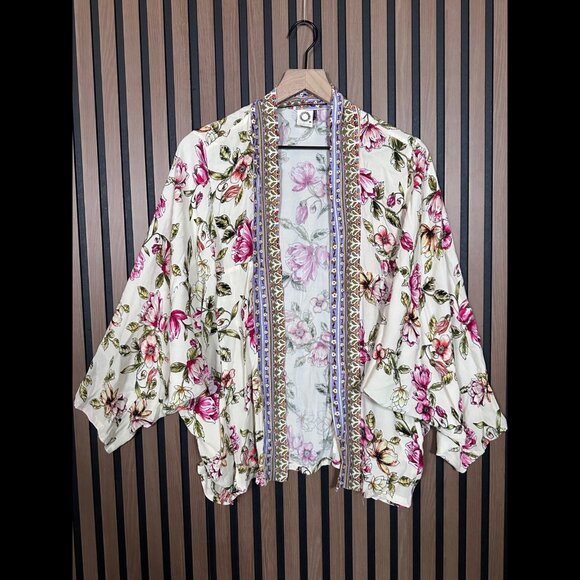 Akemi Kin Top OS Womens Ivory Vine Floral Open Front Cardigan - Picture 1 of 7